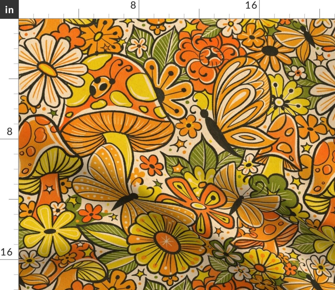 Retro Shrooms Mushroom Butterfly 1970S Hippie Groovy Daisies Flower Power Boho Brown Orange Yellow Custom Printed Fabric by Spoonflower Various Fabrics by the Yard or Fat Quarter